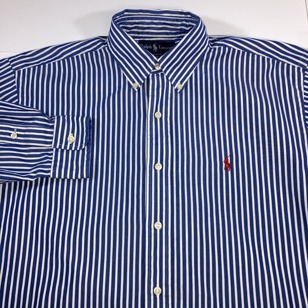 Vintage Polo Ralph Lauren Shirt Mens M Blue White Striped Made Hong Kong Cotton
